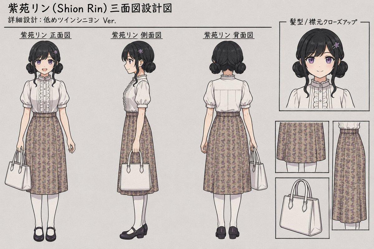プロンプトのプレビュー: 紫苑リン 三面図デザインシート