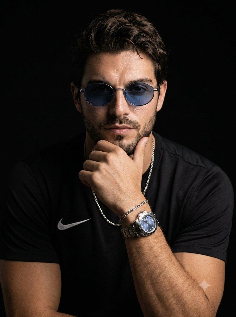 Pré-visualização do prompt: Retrato de estúdio masculino com clima dramático e óculos de sol