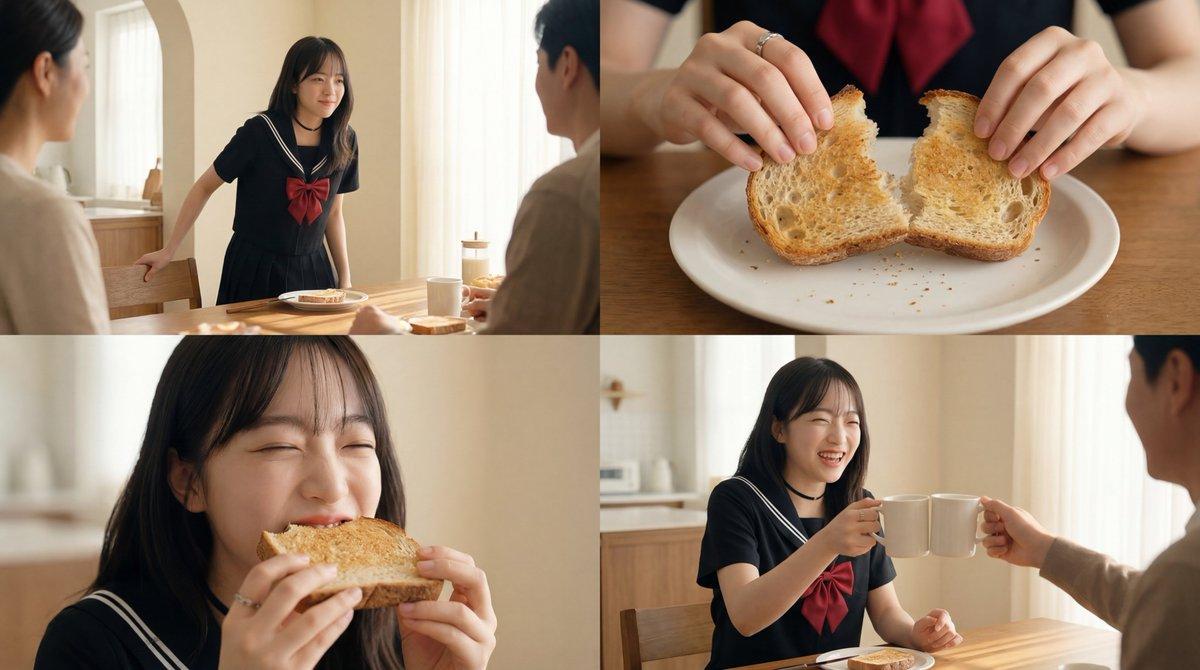 プロンプトのプレビュー: シネマティックな朝食シーン