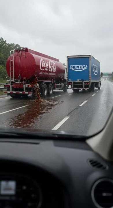 Prompt preview: Realistic dashboard POV, wet highway, red Coca-Cola tanker gushing liquid next to blue Mentos truck.…