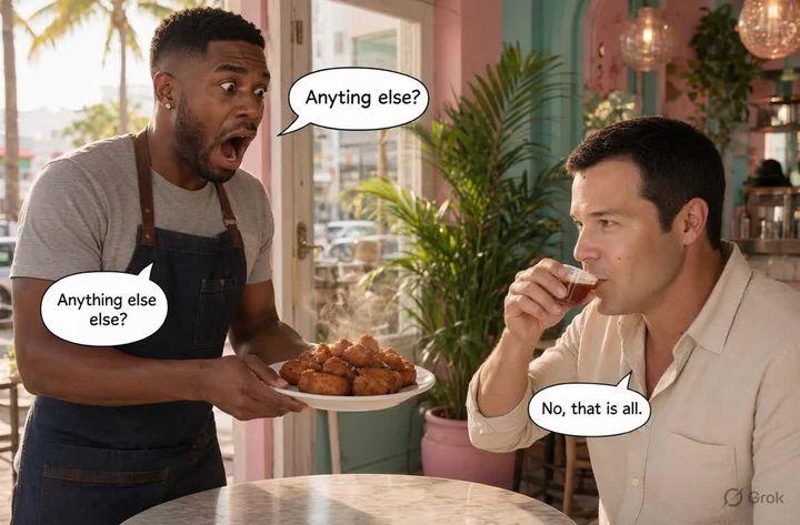 Prompt preview: Me the white guy is having a collata in a Miami cafe. The barista brings over croquettes and ask any…