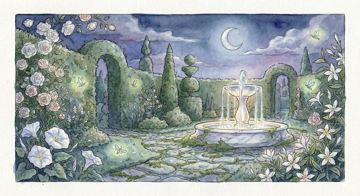 プロンプトのプレビュー: 真夜中の魔法の庭の水彩イラスト