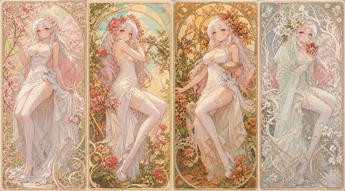 提示词预览: 穆夏风格四季新艺术运动插画