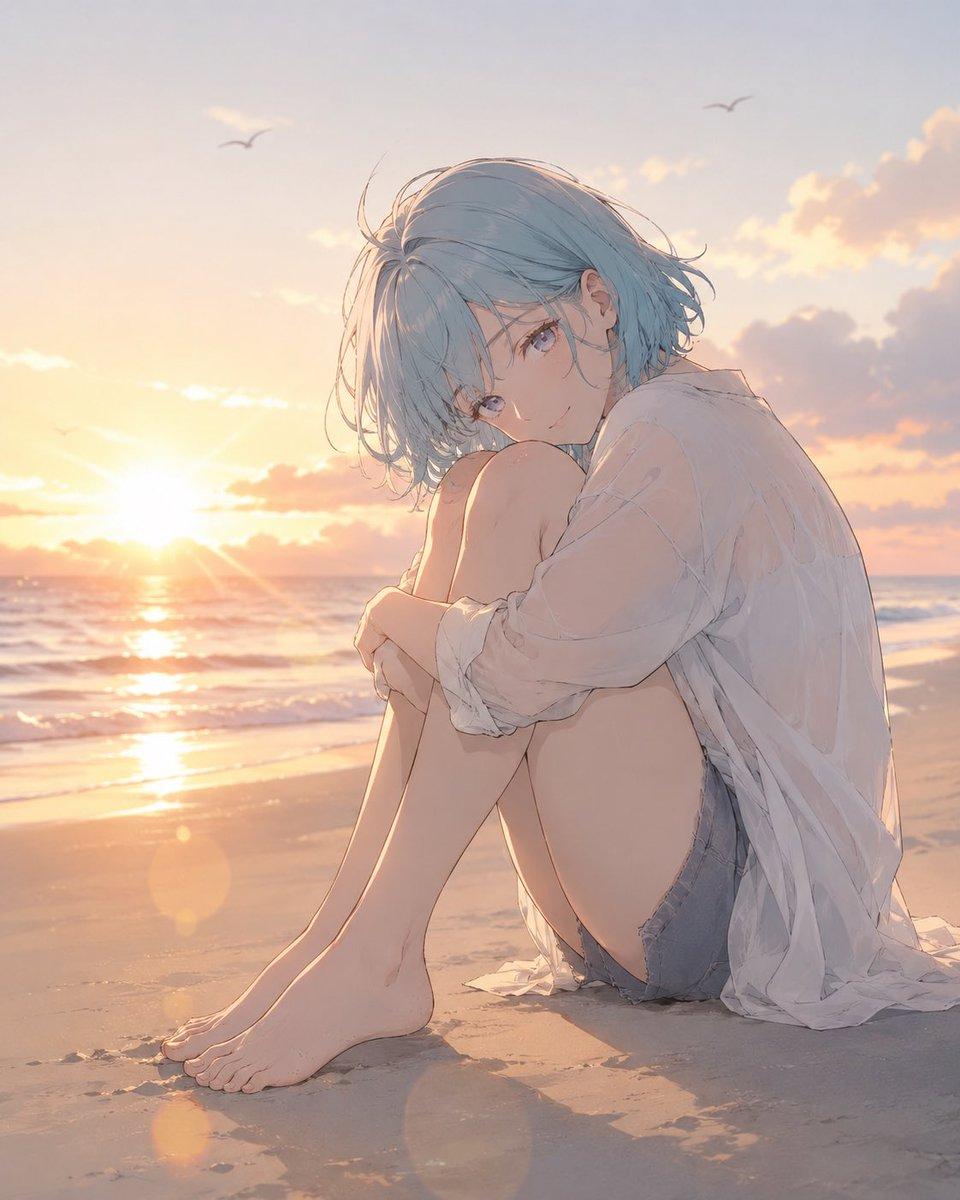 プロンプトのプレビュー: 夕暮れのビーチに佇むアニメ風の少女