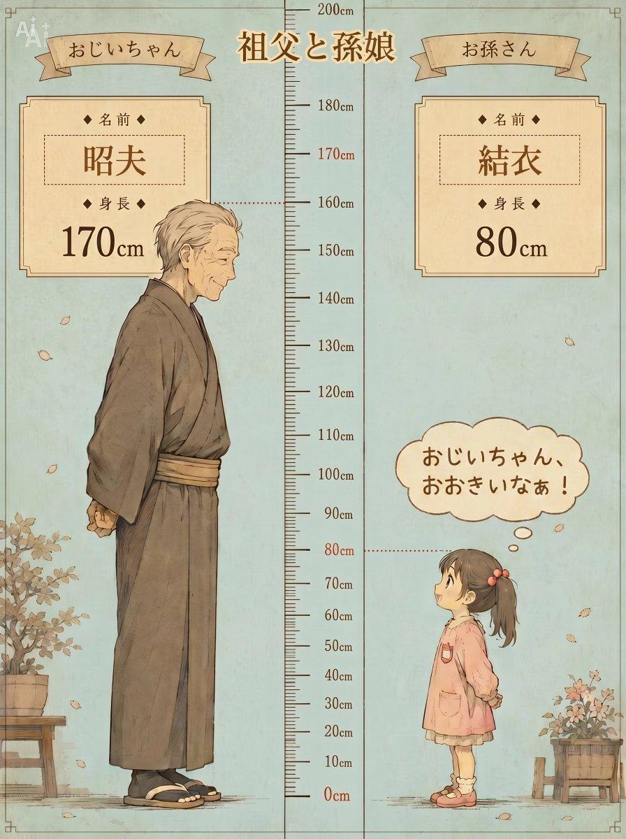 プロンプトのプレビュー: 祖父と孫娘の身長測定チャート