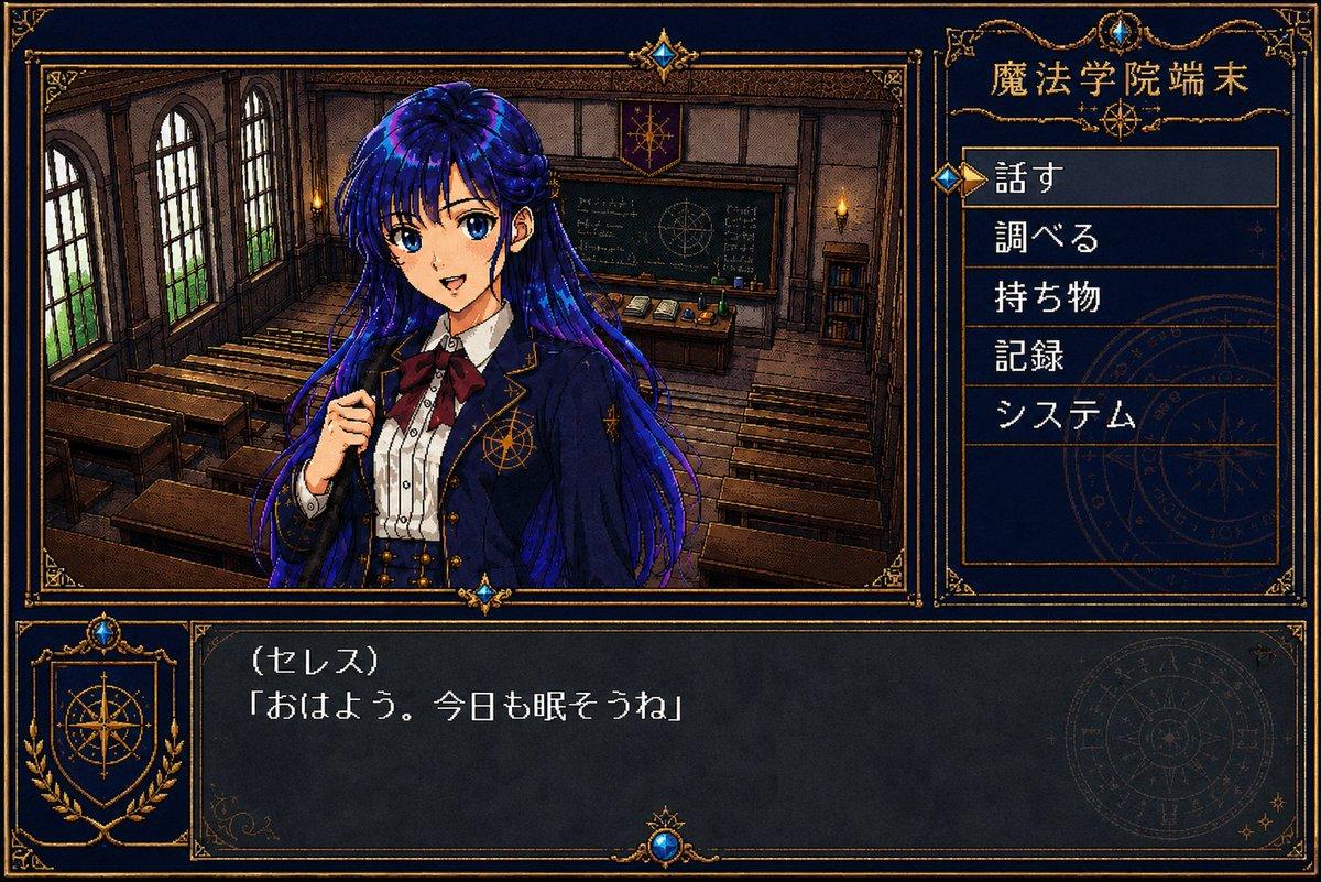 プロンプトのプレビュー: レトロな魔法学院のビジュアルノベル風 UI