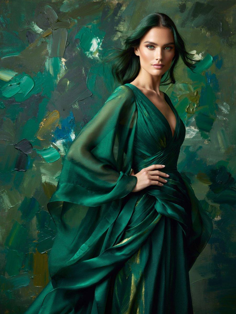 ตัวอย่างพรีวิวพรอมต์: ภาพพอร์ตเทรตแฟชั่นประจำฤดูกาล Emerald Couture