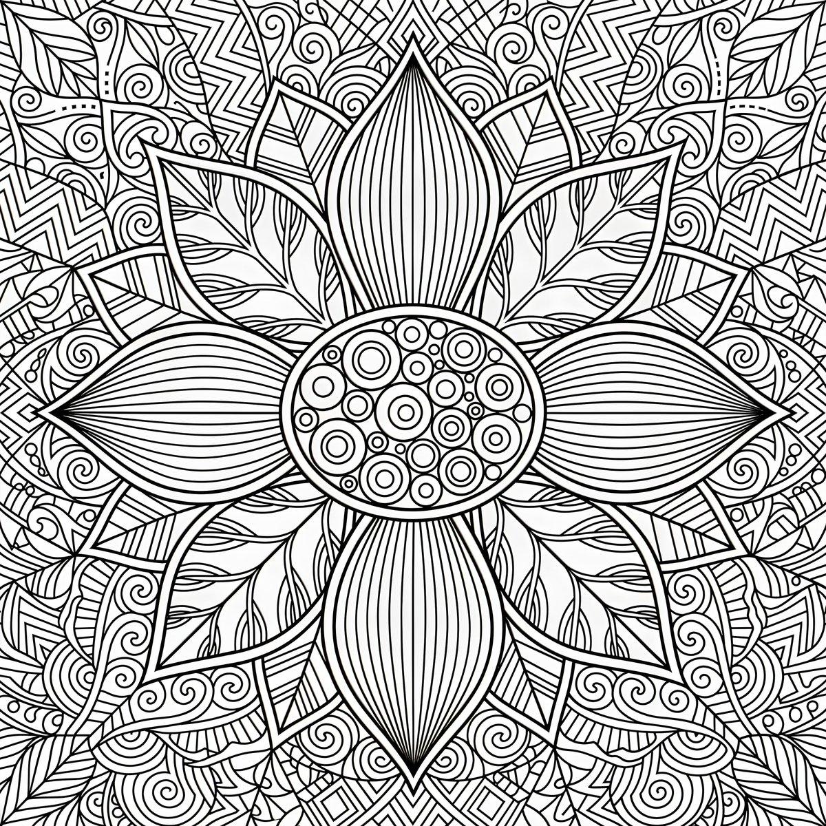 プロンプトのプレビュー: 花の曼荼羅(マンダラ)塗り絵ページ
