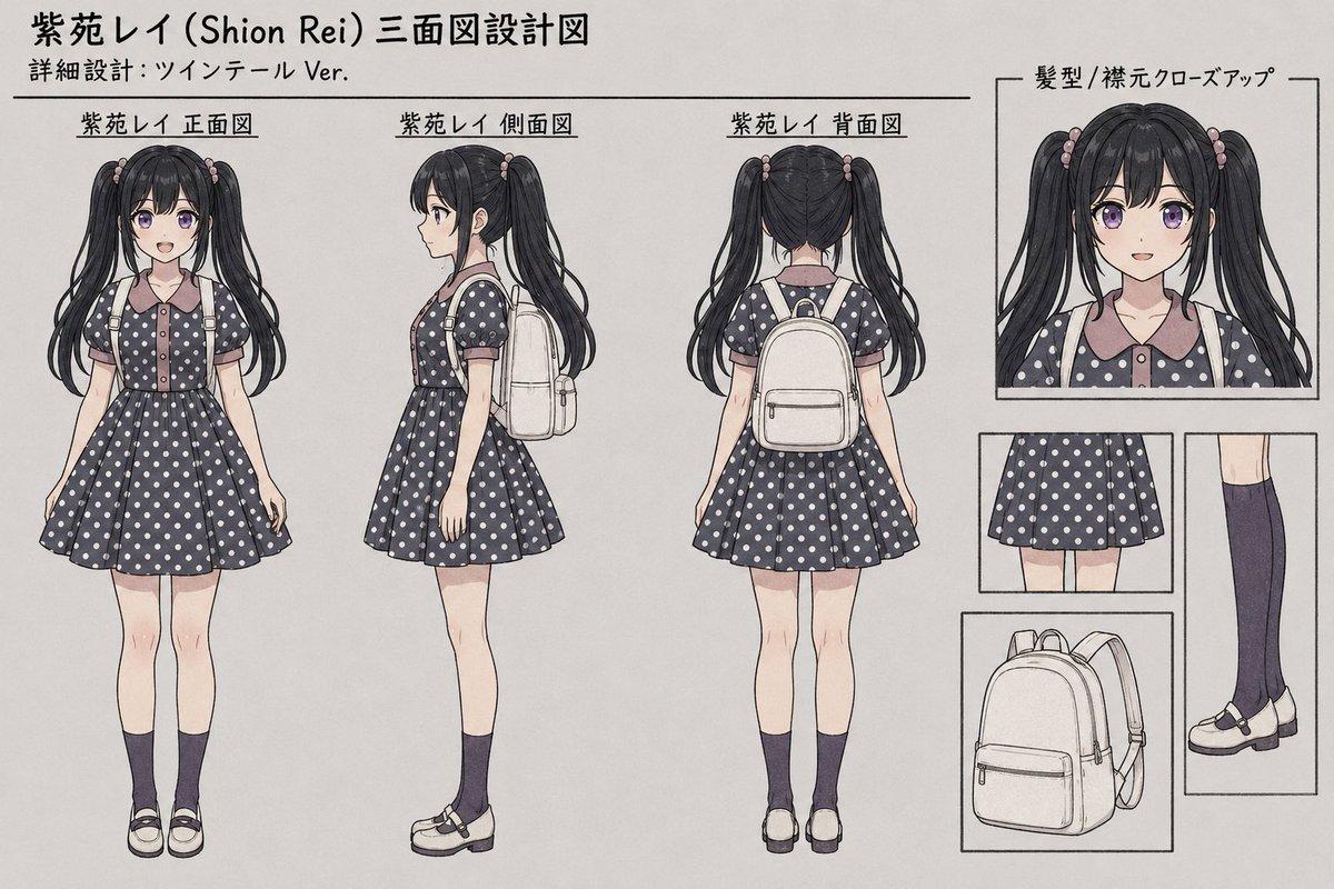 プロンプトのプレビュー: 紫苑レイ 三面図キャラクターシート