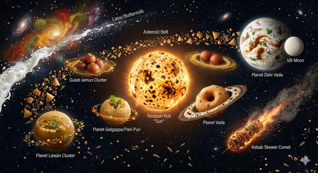 プロンプトのプレビュー: フード・ギャラクシー:宇宙規模のインド屋台料理ソーラーシステム