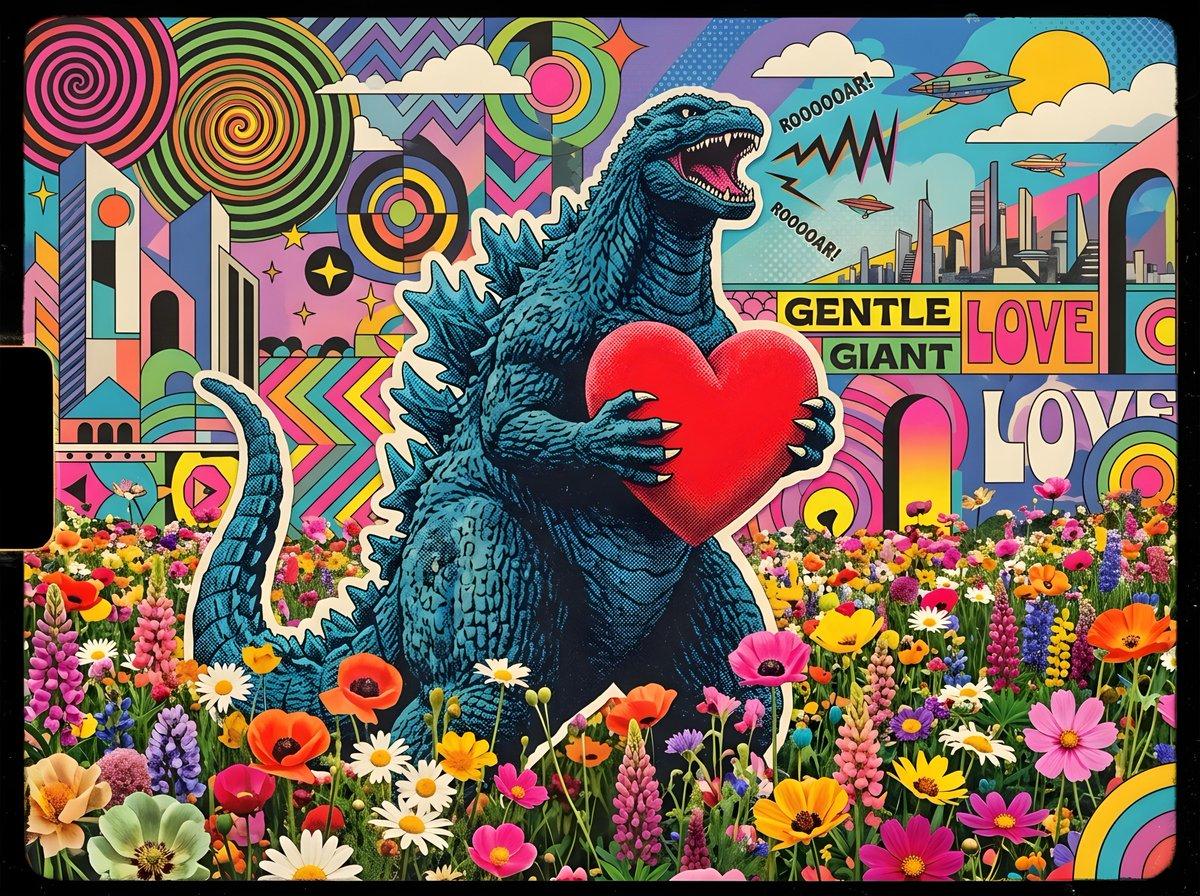 プロンプトのプレビュー: 花畑に佇む Godzilla