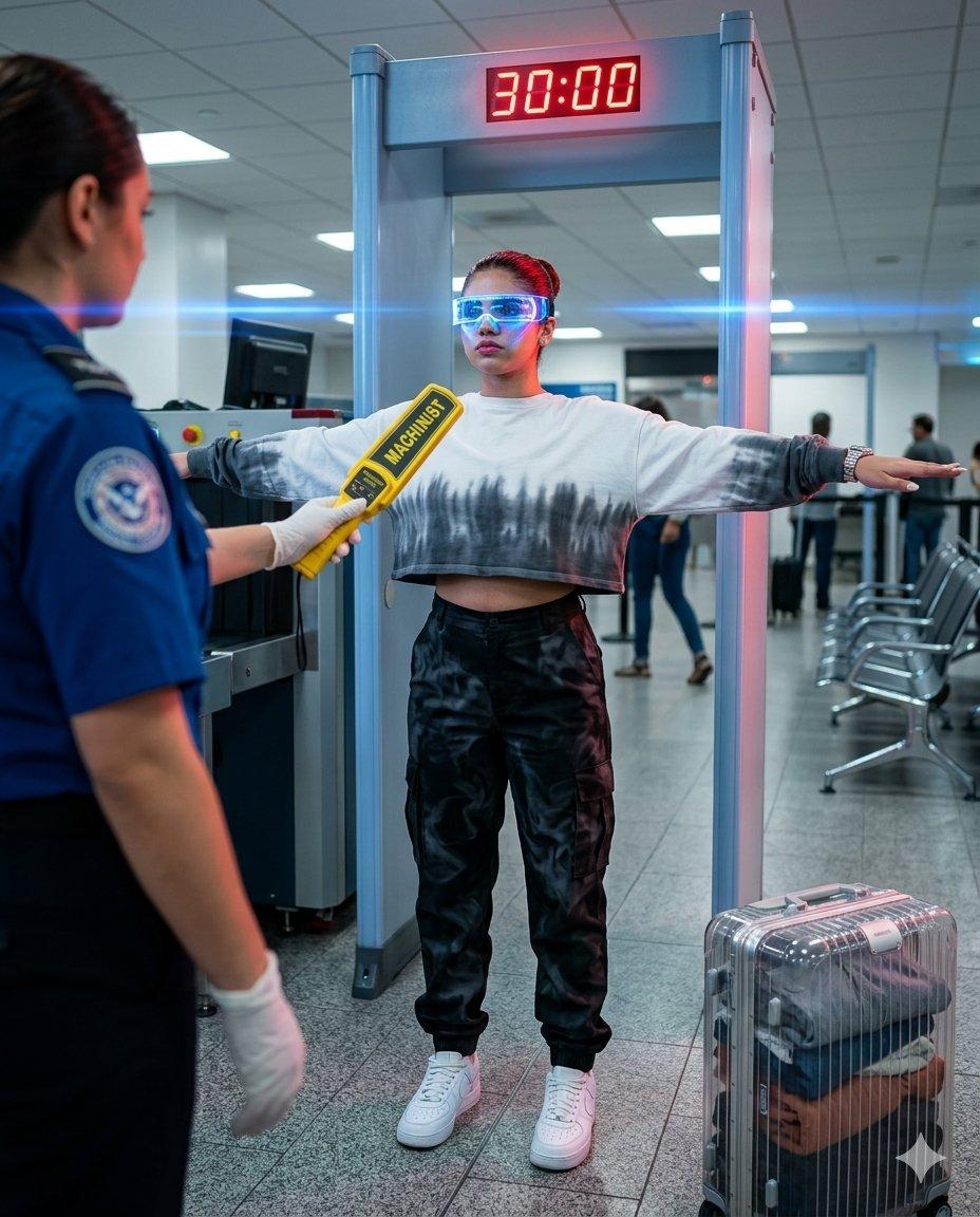 プロンプトのプレビュー: サイバーパンクな空港のセキュリティチェックシーン