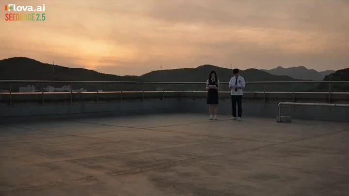 提示词预览: 韩国校园天台日落场景