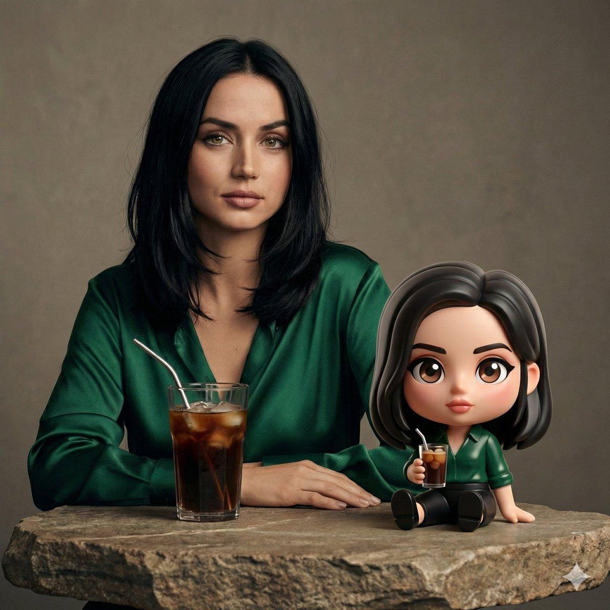 Promptvoorbeeld: Cinematic Studio Portrait of Ana de Armas with Chibi Figure