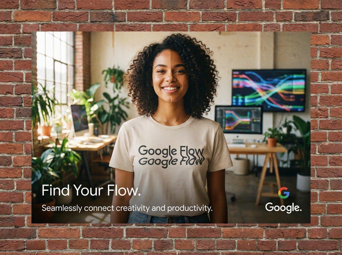 Prompt preview: Imagine an advertisement poster for Google Flow. It features a mixed race (half black, half white) w…