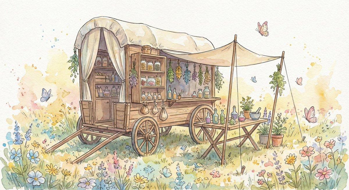 プロンプトのプレビュー: ファンタジー水彩ハーバリストワゴン