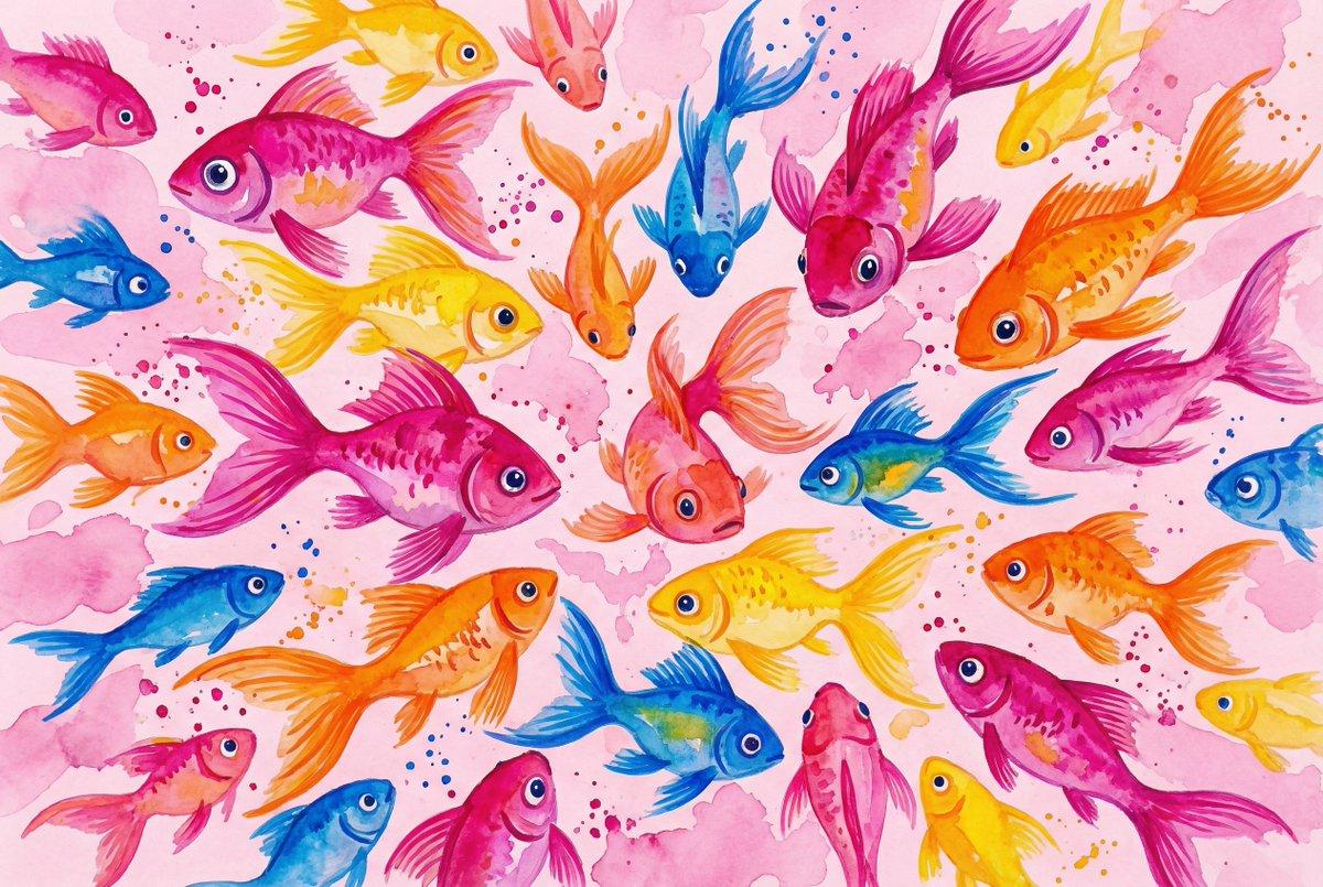 プロンプトのプレビュー: 様式化された魚の水彩画スクール
