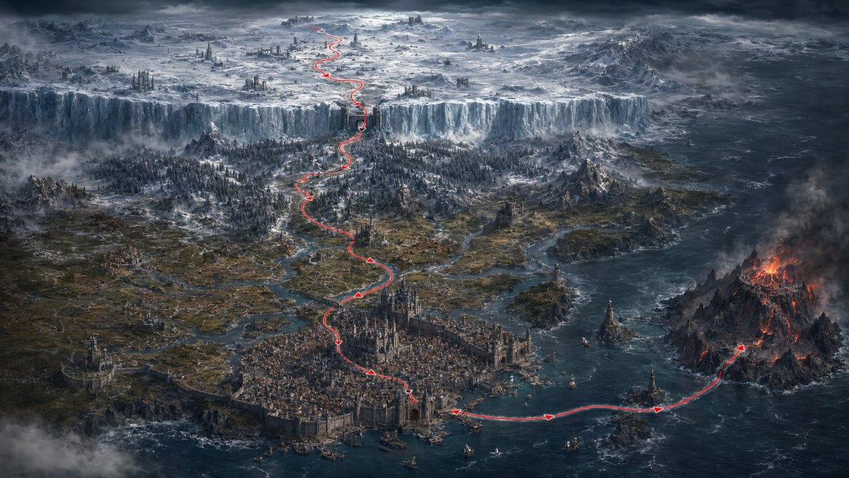 プロンプトのプレビュー: ダークファンタジーのクエストルートマップ