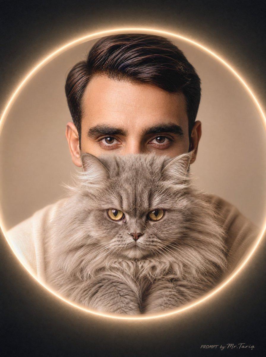 プロンプトのプレビュー: 光り輝く猫と人物のプロフィールポートレート