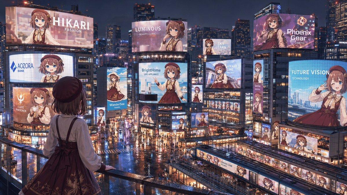 プロンプトのプレビュー: アニメアイドルが街をジャックする広告風景