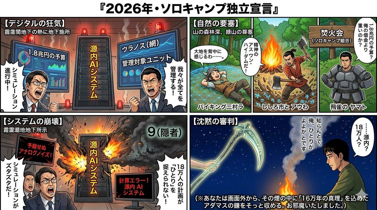 Preview ng prompt: Four-Panel Manga: 2026 Solo Camping Declaration of Independence