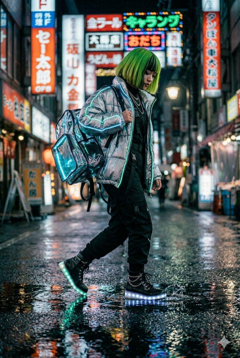 プロンプトのプレビュー: サイバーパンク・テックウェアのストリートスナップ