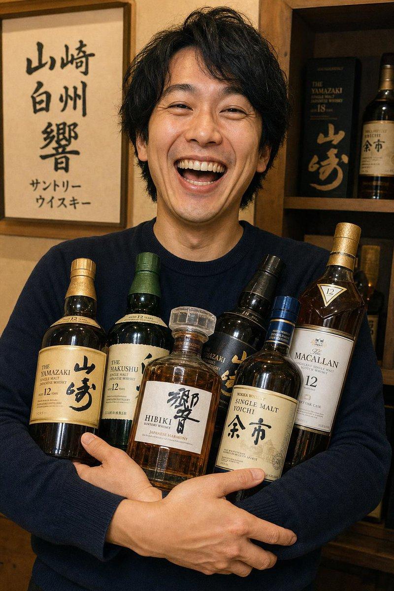 プロンプトのプレビュー: ウイスキーを持って微笑む男性のシンプルなポートレート