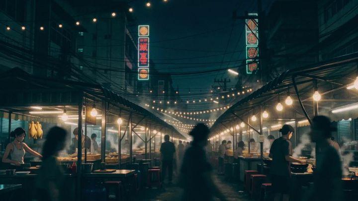 プロンプトのプレビュー: 東南アジアの夜の屋台街を舞台にした青年向けアニメ映画の傑作。手描きセルアニメ、シャープで精密な線、彩度を抑えたティール&グレーのカラーグレーディング、深いシャドウ、細かいフィルムグレイン。BGMなし、…