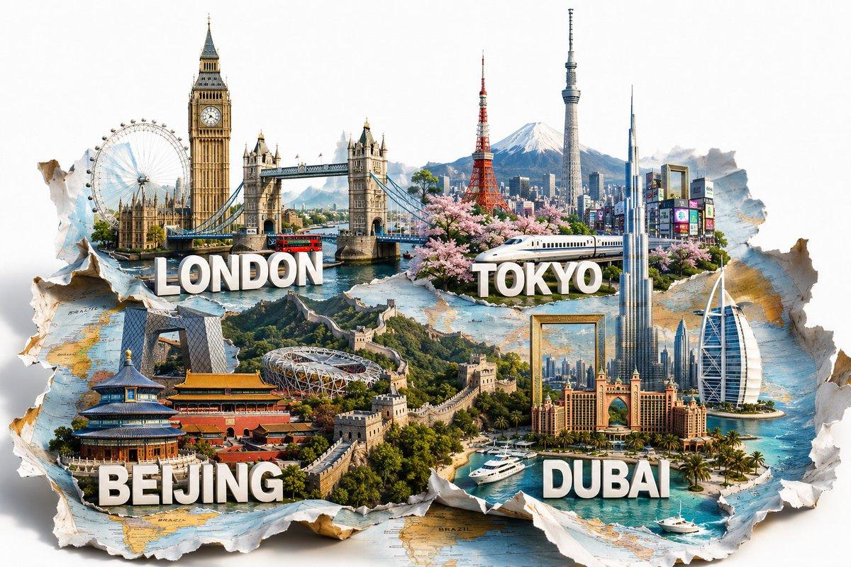 プロンプトのプレビュー: 飛び出す世界地図:都市のコラージュ