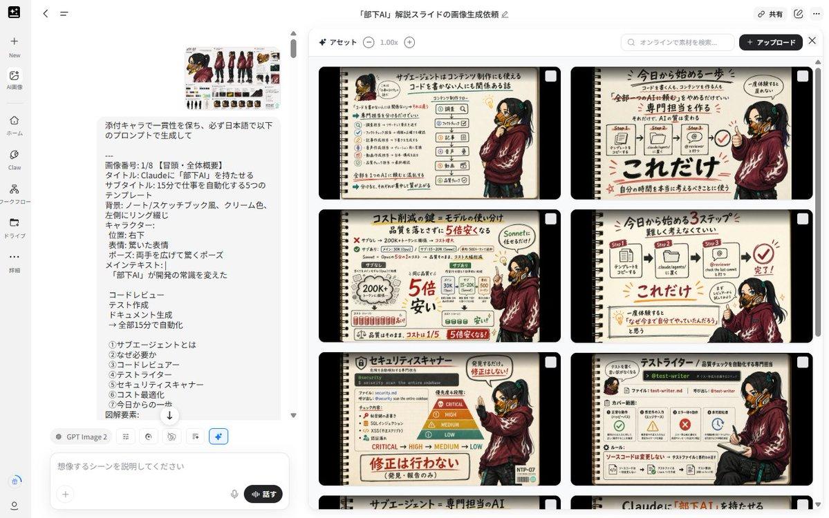 プロンプトのプレビュー: ノートブック風 Slides(参照キャラクター付き)
