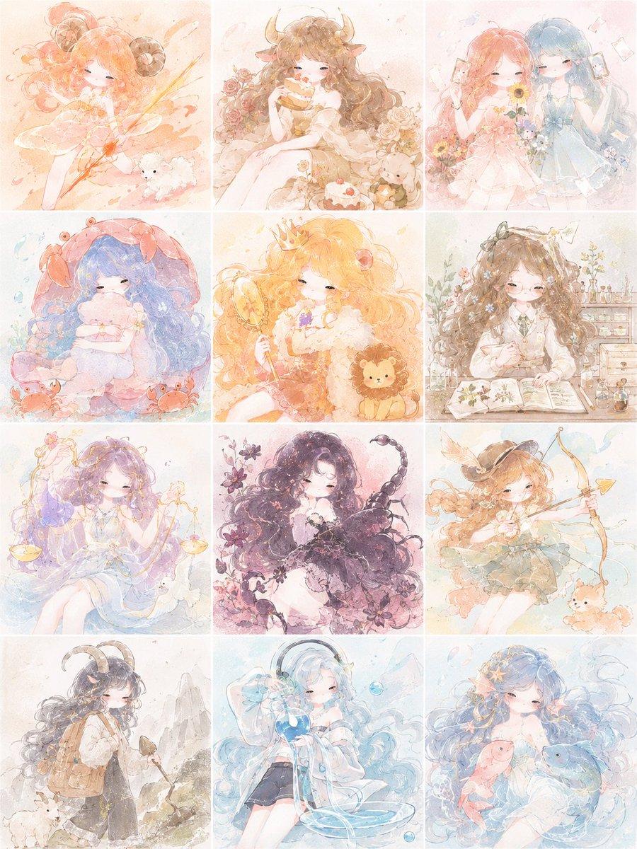 提示词预览: 柔和色调十二星座少女网格图