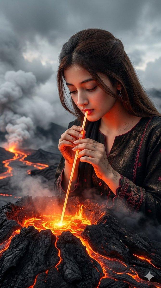 プロンプトのプレビュー: 溶岩を飲む火山のポートレート