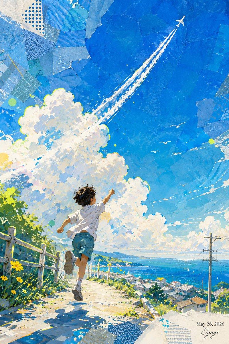 プロンプトのプレビュー: 飛行機雲を追いかける少年