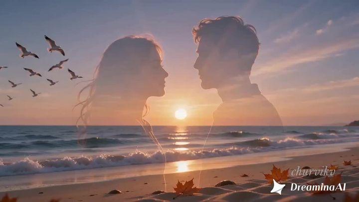 Превью промпта: Cinematic 10-second shot, double-exposure silhouette of a couple facing each other, their silhouette…