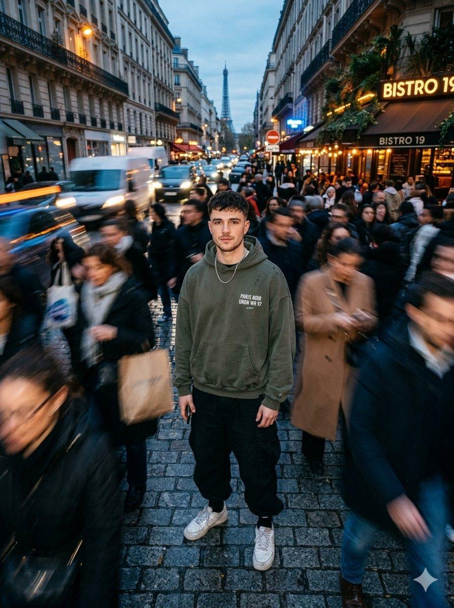 Preview ng prompt: Streetwear Model in Paris Crowd