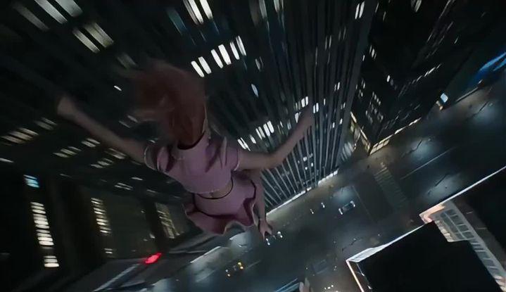 Превью промпта: Created a dramatic top-down shot of a pink-haired anime-style girl falling through a futuristic glas…
