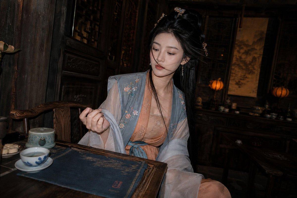 プロンプトのプレビュー: シネマティックな漢服の茶室ポートレート
