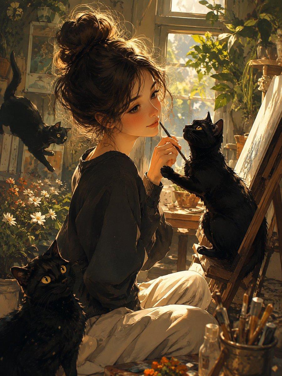 プロンプトのプレビュー: 雨のスタジオと黒猫のアーティスト