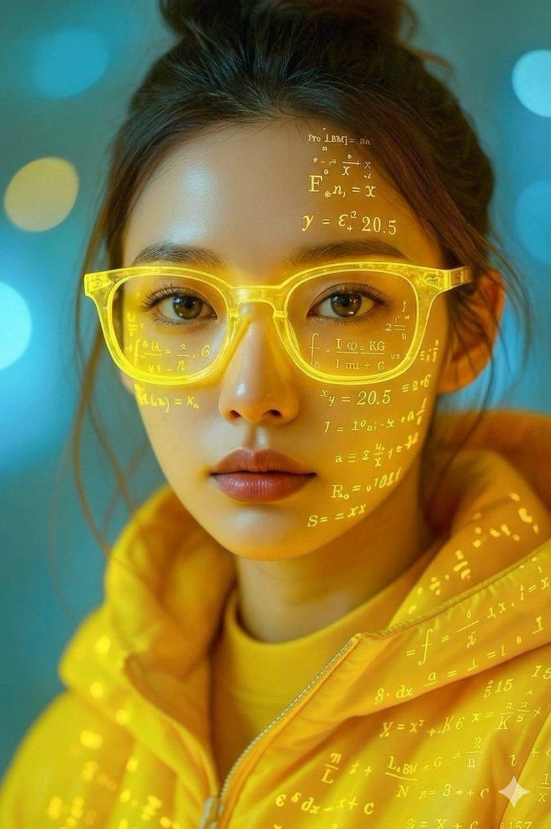 프롬프트 미리보기: 네온 옐로우 색상의 수학 투영 초상화