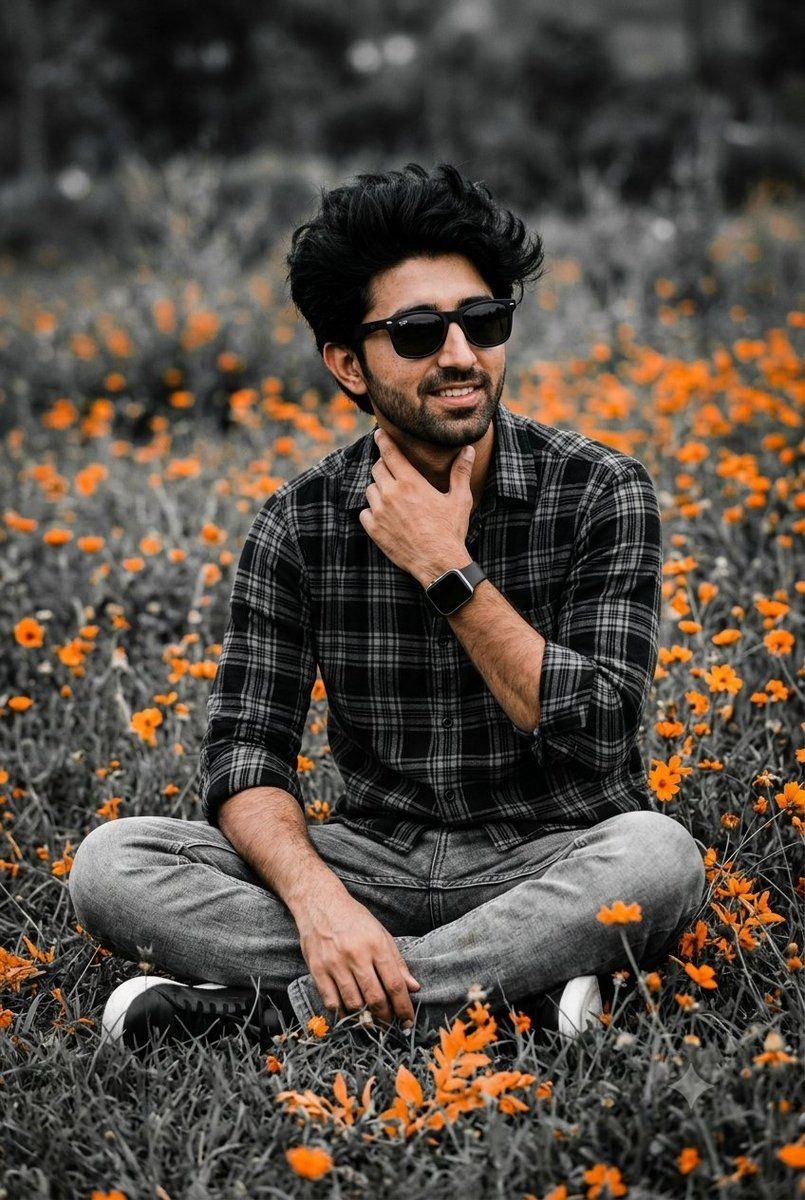 Prompt preview: Ultra-realistic cinematic portrait of a stylish young South Asian man sitting cross-legged in a gras…