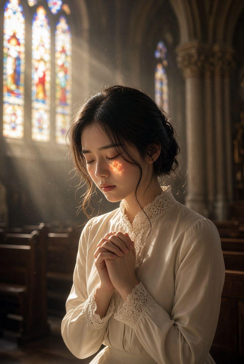 Preview ng prompt: 1. Subject & Action A beautiful young East Asian woman kneeling in sincere prayer. Eyes gently close…