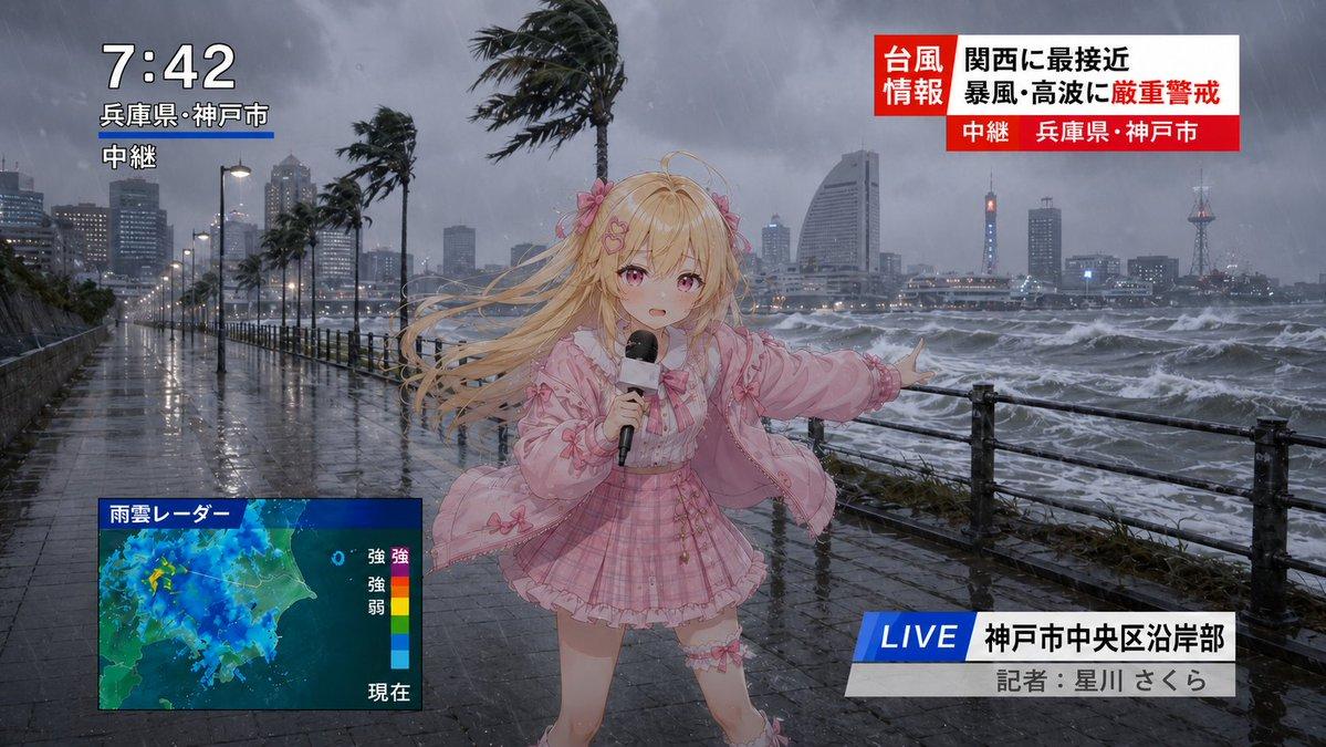 プロンプトのプレビュー: アニメ風台風ライブニュースレポーター