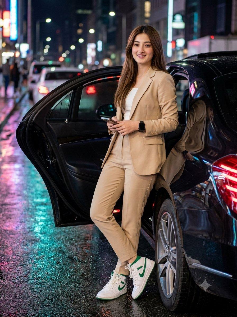 Pré-visualização do prompt: Mulher elegante com sedã de luxo à noite