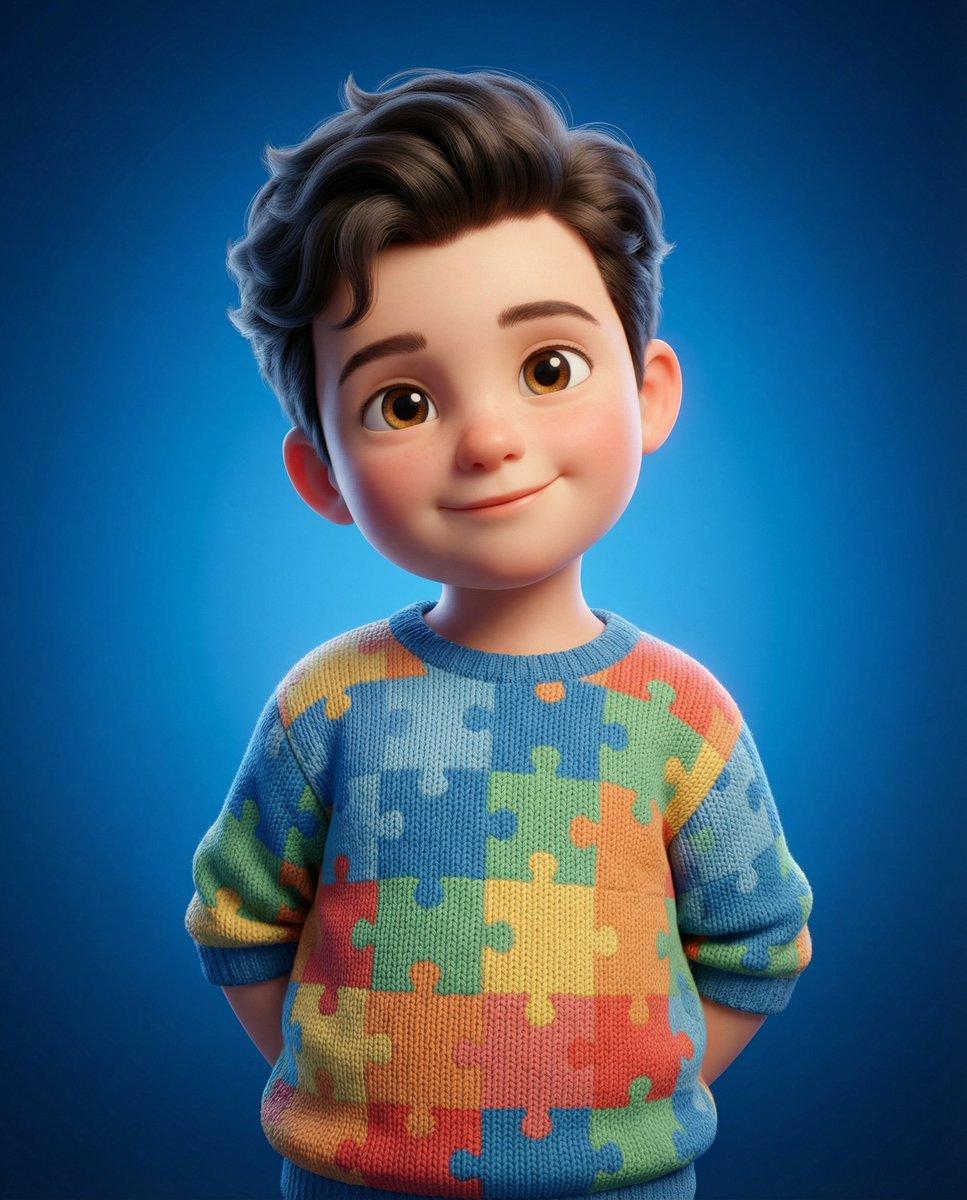 プロンプトのプレビュー: パズル柄のセーターを着た子供らしいキャラクターの 3D レンダリング