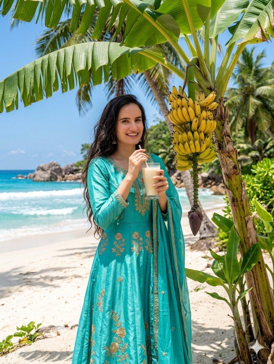 Promptvoorbeeld: Indian Woman Drinking Banana Milkshake