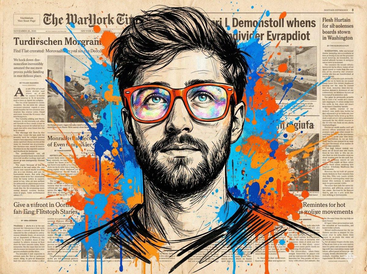 プロンプトのプレビュー: 新聞コラージュのポップアート・ポートレート