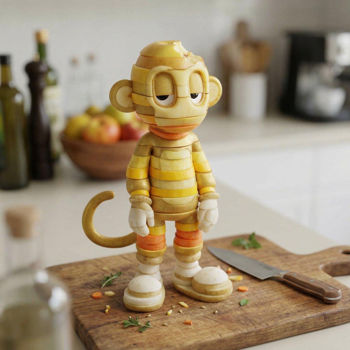 プロンプトのプレビュー: スライスした果物と野菜で再構築されたキャラクター