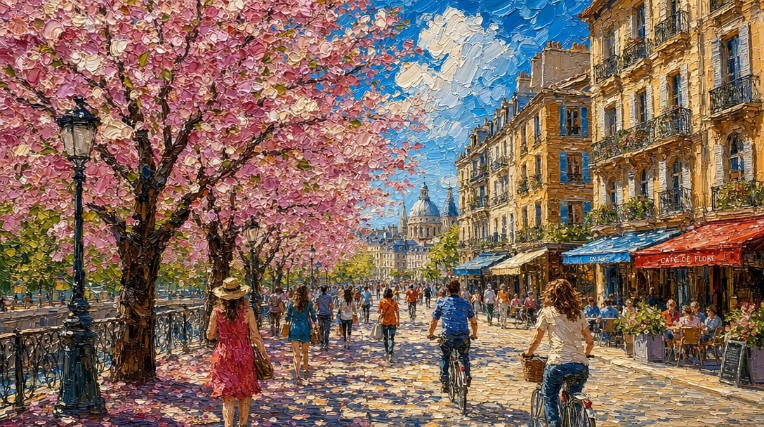 プロンプトのプレビュー: インパスト技法で描く春のパリの並木道