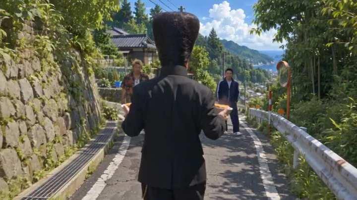 プロンプトのプレビュー: 15秒、三人称アクションゲーム映像。 主人公は、 巨大な黒いリーゼント、 黒い学ラン、 太い黒ズボンの不良学生風キャラクター。 両手にカツ丼を1つずつ持ったまま戦う。 カツ丼は最後まで落とさない。 パ…