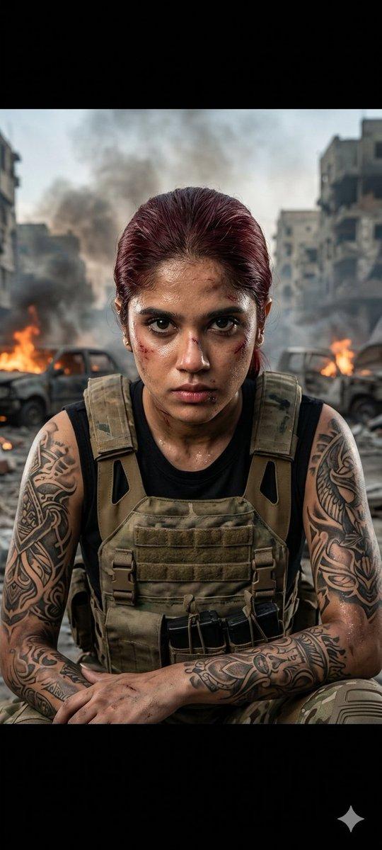 プロンプトのプレビュー: 映画のような女性兵士のポートレート
